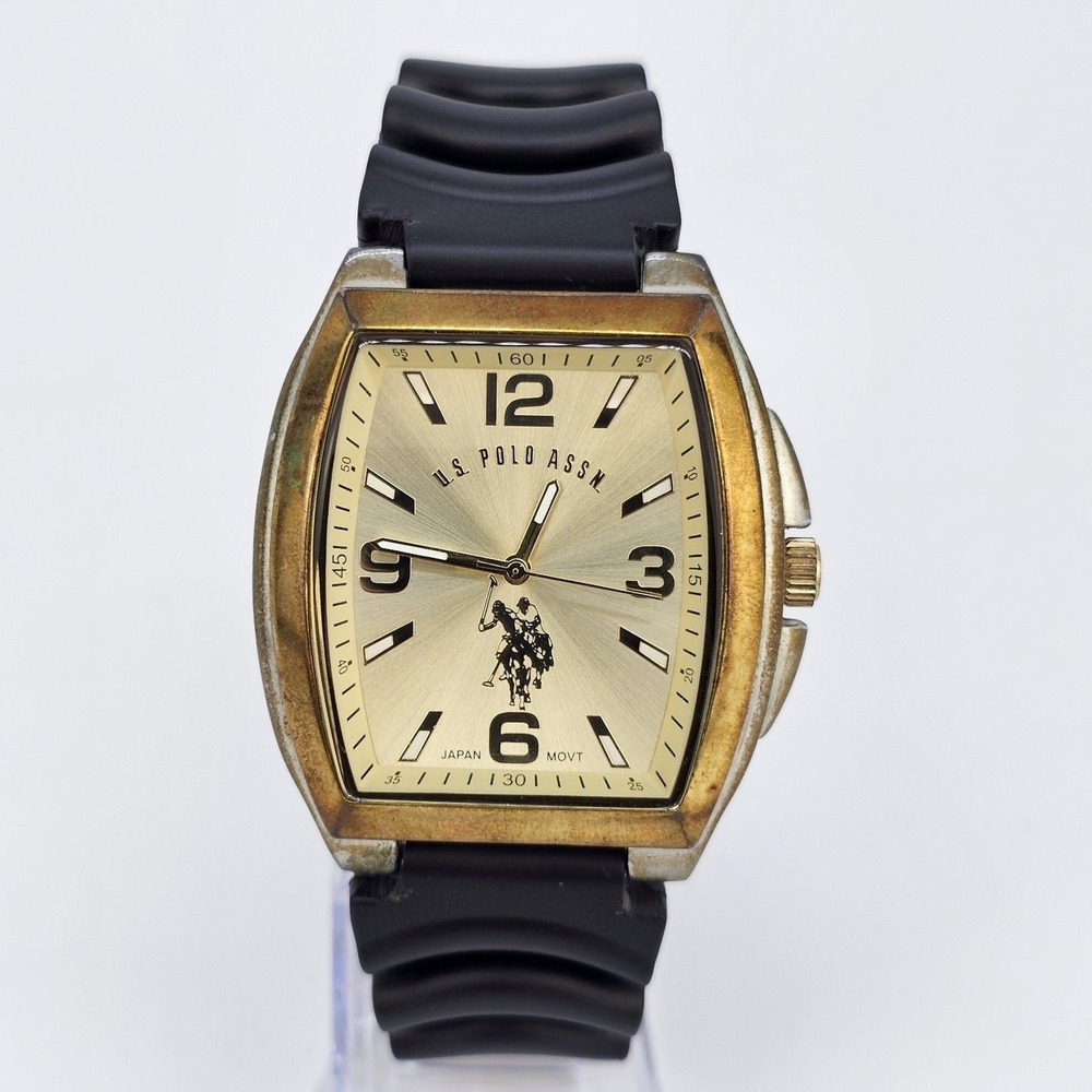 US Polo Assn Men's Watch 42mm Gold Dial Case New Black Platic Bands New Battery